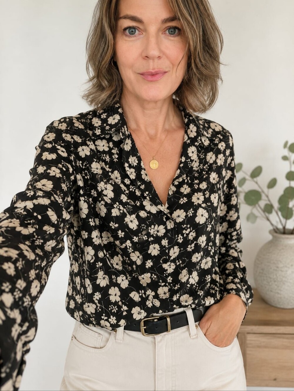 Ralph Lauren Black Floral Tie-Neck Blouse Size 14